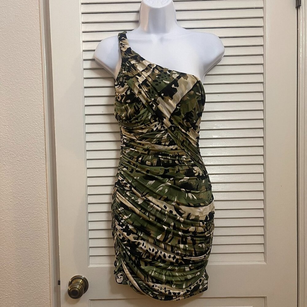 Windsor One Shoulder Camo Ruched Mini Dress Nwot